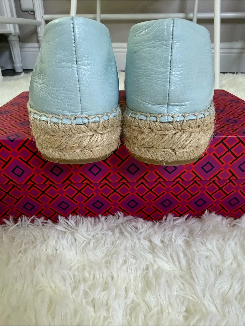 Tory Burch Pale Blue Leather Logo Espadrille Flats